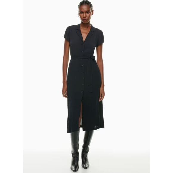 Aritzia Dresses & Skirts - Aritzia Wilfred Midi Shirt Dress Button-Up Short Puff Sleeve Belted Crepe, Black